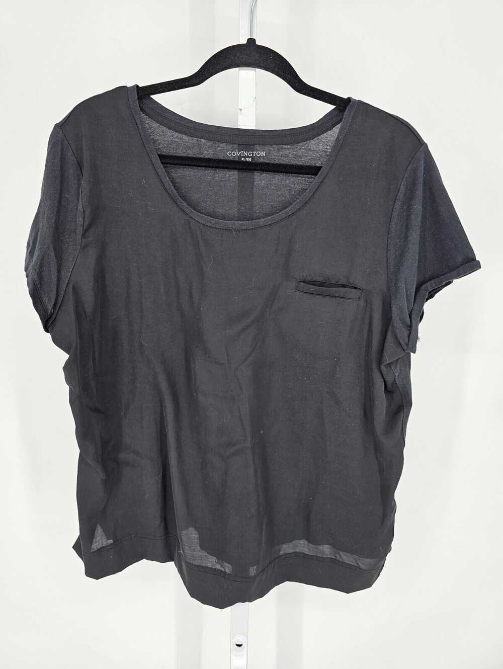 Covington Womens Sz XL Loose Fit Short Sleeve Blouse Black Flowy Crew Neck